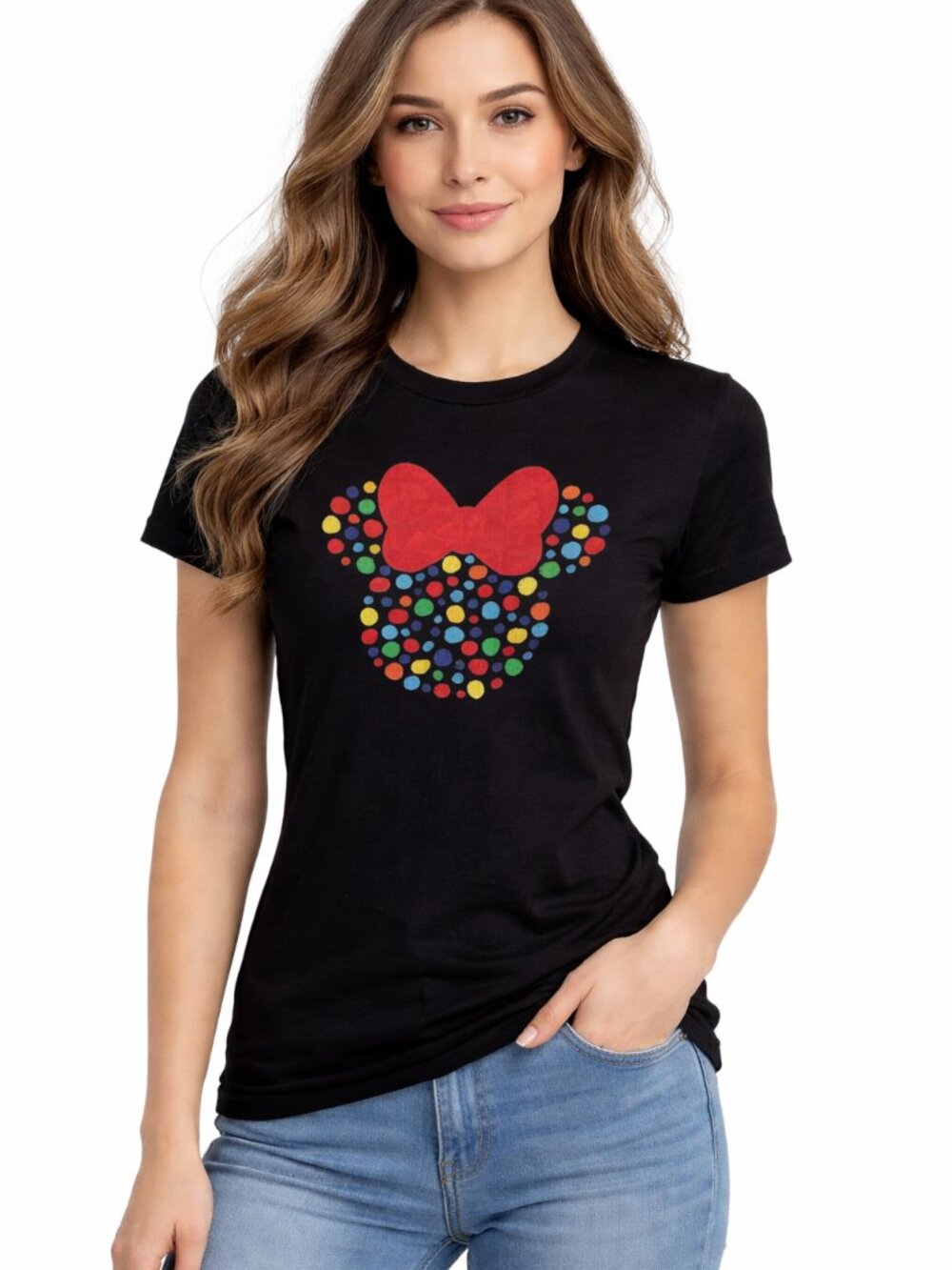 Disney Minnie Mouse Polka Dot Rainbow T-Shirt Black Women's Small